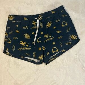 Salty Crew Women’s Swim Shorts Blue Gold Tropical Print Drawstring Medium
